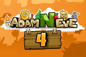 Hình ảnh có dòng chữ Adam và Eve 4 với các nhân vật hoạt hình và biểu tượng bên trên nền cam