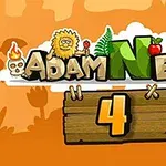 Hình ảnh có dòng chữ Adam và Eve 4 với các nhân vật hoạt hình và biểu tượng bên trên nền cam