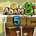 Hình ảnh có tiêu đề với chữ Adam & Eve 5 part I trên nền hoạt hình có hình ảnh Adam, Eve và các chi tiết như đầu lâu, lửa, và chim