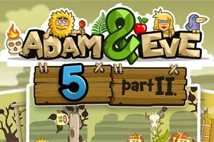 Một hình ảnh minh họa với tiêu đề Adam & Eve 5 part II có hai nhân vật hoạt hình đứng bên chữ, các biểu tượng như sọ, ngọn lửa, và một con chim
