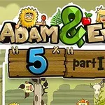 Một hình ảnh minh họa với tiêu đề Adam & Eve 5 part II có hai nhân vật hoạt hình đứng bên chữ, các biểu tượng như sọ, ngọn lửa, và một con chim