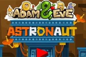 Hình ảnh gồm tiêu đề Adam & Eve: Astronaut với các biểu tượng hoạt hình như đầu lâu, nhân vật, và ăng-ten vệ tinh màu cam