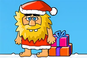 Một nhân vật hoạt hình với bộ râu vàng, đội mũ ông già Noel, đứng cạnh hai hộp quà được gói