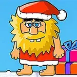 Một nhân vật hoạt hình với bộ râu vàng, đội mũ ông già Noel, đứng cạnh hai hộp quà được gói