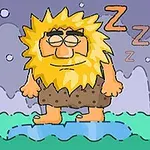 Một người đàn ông với mái tóc vàng rối đứng ngủ trên một phiến đá xanh, xung quanh là bong bóng và chữ Zzz thể hiện sự ngủ gật