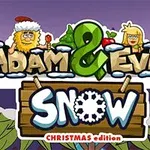 Hình ảnh có tiêu đề Adam & Eve Snow với hai nhân vật hoạt hình và các yếu tố mùa Giáng Sinh