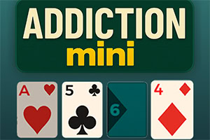 Chữ ADDICTION mini trên nền xanh kèm bốn lá bài xếp hàng: Át cơ, 5 tép, lá bài màu xanh có số 6 và 4 rô