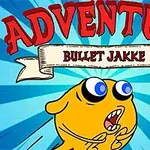 Hình ảnh một nhân vật màu vàng với biểu cảm ngạc nhiên và dòng chữ Adventure Bullet Jakke trên nền xanh dương
