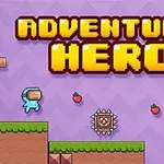 Nhân vật hoạt hình màu xanh nhảy qua chướng ngại vật gai với nền chữ Adventure Hero và các quả dâu bay lơ lửng