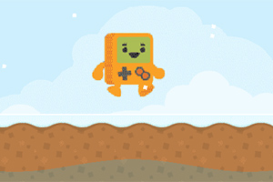 Hình ảnh một nhân vật hình dạng máy chơi game cầm tay có biểu cảm vui vẻ đang nhảy trên nền đất, với bầu trời xanh nhiều mây phía sau