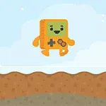 Hình ảnh một nhân vật hình dạng máy chơi game cầm tay có biểu cảm vui vẻ đang nhảy trên nền đất, với bầu trời xanh nhiều mây phía sau