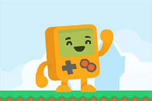 Một nhân vật hoạt hình màu vàng có hình dáng giống máy chơi game cầm tay đang vui vẻ vẫy tay trên nền trời xanh và mây trắng