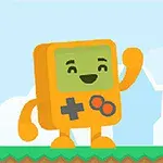 Một nhân vật hoạt hình màu vàng có hình dáng giống máy chơi game cầm tay đang vui vẻ vẫy tay trên nền trời xanh và mây trắng