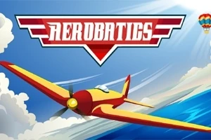 Máy bay màu đỏ và vàng bay trên bầu trời xanh với dòng chữ Aerobatics phía trên