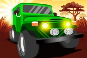 Xe jeep màu xanh lá cây với đèn pha sáng trên nền hoàng hôn sa mạc châu Phi