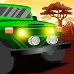 Xe jeep màu xanh lá cây với đèn pha sáng trên nền hoàng hôn sa mạc châu Phi