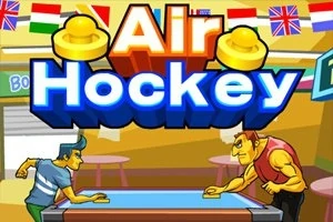 Hai nhân vật đang chơi air hockey trên bàn, với dòng chữ Air Hockey lớn và nổi bật phía trên