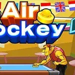 Hai nhân vật đang chơi air hockey trên bàn, với dòng chữ Air Hockey lớn và nổi bật phía trên
