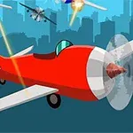 Máy bay màu đỏ đang bay giữa bầu trời với những vệt cháy và hiệu ứng bắn phá trong bối cảnh thành phố phía xa