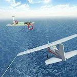 Máy bay nhỏ đang bay trên biển xanh, tiến về phía hòn đảo với tháp điều khiển bên cạnh