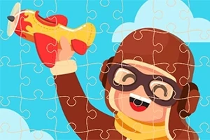 Một nhân vật đội nón phi công vui vẻ cầm máy bay đồ chơi màu đỏ và vàng trên nền trời xanh với mây trắng, dưới dạng tranh ghép hình