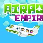Máy bay hoạt hình với hành khách bay trong bầu trời xanh, với dòng chữ Airport Empire
