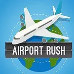 Hình ảnh mô tả một chiếc máy bay bay qua một quả địa cầu xanh với dòng chữ Airport Rush