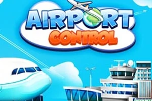 Hình ảnh có máy bay, tháp điều khiển và tòa nhà sân bay với bầu trời xanh và dòng chữ Airport Control