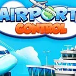 Hình ảnh có máy bay, tháp điều khiển và tòa nhà sân bay với bầu trời xanh và dòng chữ Airport Control