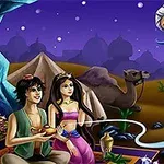 Cảnh đêm sa mạc với hai người ngồi cạnh cây đèn thần và một vị thần xuất hiện, với lạc đà và cung điện ở hậu cảnh