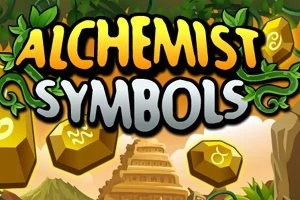 Hình ảnh có dòng chữ Alchemist Symbols với các ký hiệu giả kim trên nền phong cảnh núi non và cây cối