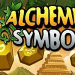 Hình ảnh có dòng chữ Alchemist Symbols với các ký hiệu giả kim trên nền phong cảnh núi non và cây cối