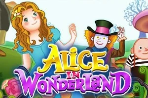 Cô gái tóc vàng mặc váy xanh và người đàn ông đội mũ cao, với dòng chữ Alice in Wonderland nổi bật