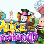 Cô gái tóc vàng mặc váy xanh và người đàn ông đội mũ cao, với dòng chữ Alice in Wonderland nổi bật