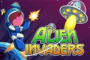 Nhân vật phi hành gia bắn súng laser vào đĩa bay của người ngoài hành tinh với dòng chữ Alien Invaders
