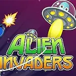 Nhân vật phi hành gia bắn súng laser vào đĩa bay của người ngoài hành tinh với dòng chữ Alien Invaders