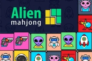 Các khối hình với biểu tượng người ngoài hành tinh, robot và tên lửa, trên nền tối có chữ Alien Mahjong