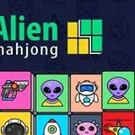 Các khối hình với biểu tượng người ngoài hành tinh, robot và tên lửa, trên nền tối có chữ Alien Mahjong