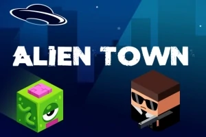 Hình ảnh hiển thị một UFO, một khối màu xanh lá cây có mắt, và một nhân vật đeo kính râm cầm súng, kèm theo dòng chữ ALIEN TOWN