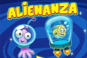 Sinh vật màu tím đội mũ bảo hiểm không gian và cá vàng trong lồng kính trên nền xanh với chữ ALIENANZA