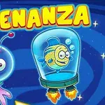 Sinh vật màu tím đội mũ bảo hiểm không gian và cá vàng trong lồng kính trên nền xanh với chữ ALIENANZA