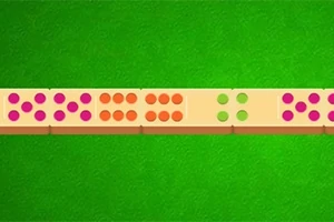 Hình ảnh một chuỗi quân cờ domino với các chấm màu hồng, cam và xanh lá trên nền xanh lục