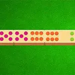Hình ảnh một chuỗi quân cờ domino với các chấm màu hồng, cam và xanh lá trên nền xanh lục