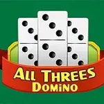 Hình ảnh miêu tả một tập hợp các quân cờ domino với nền màu xanh lá cây, phía dưới là dải băng đỏ ghi All Threes Domino