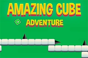 Chữ AMAZING CUBE ADVENTURE trên nền xanh lá cây với các khối vuông trắng và chông đen