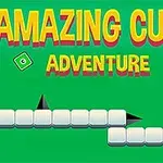 Chữ AMAZING CUBE ADVENTURE trên nền xanh lá cây với các khối vuông trắng và chông đen