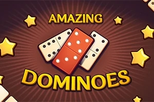 Ba quân cờ domino màu trắng và đỏ nằm giữa, bao quanh bởi các ngôi sao vàng và chữ Amazing Dominoes