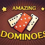 Ba quân cờ domino màu trắng và đỏ nằm giữa, bao quanh bởi các ngôi sao vàng và chữ Amazing Dominoes