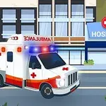 Xe cứu thương đang chạy trên đường bên ngoài bệnh viện với biển hiệu bệnh viện lớn phía sau