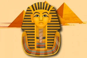 Hình ảnh tượng đầu pharaoh Ai Cập với họa tiết sọc vàng đen, phía sau là kim tự tháp trên nền màu vàng nhạt